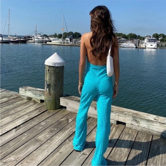 ZARA Ribbed Halter Jumpsuit in Turquoise Blue, Size Medium - Picture 4 of 16